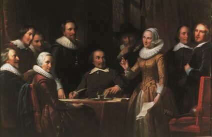 Schilderij van mannen en twee vrouwen in zeventiende eeuwse kleding die de Muiderkring voorstelt.