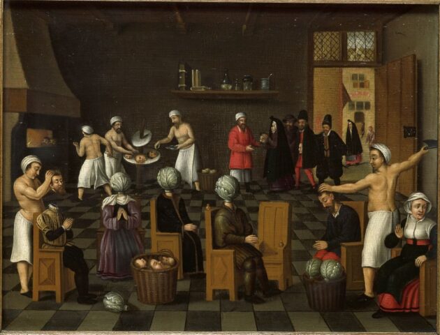 Op dit schilderij uit de late 16e-eeuw zie je de legende van de Bakker van Eeklo. De bakker, rechtsacher, herbakt de hoofden in een oven. Een kool is de tijdelijke vervanging van de onthoofde mensen die op stoelen zitten te wachten.