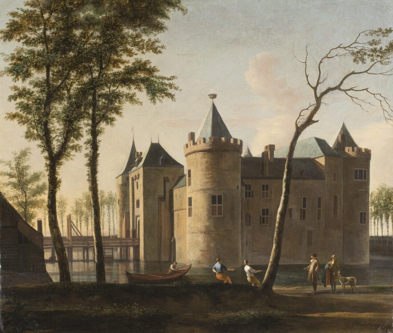 Het schilderij van Gerrit Berckheyde, het Muiderslot vanuit het noordoosten. Het schilderij toont het kasteel en het leven rond de burcht met figuren op de voorgrond en bootjes in de gracht.