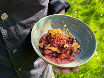 Plate of homemade plum cake by the castle chef