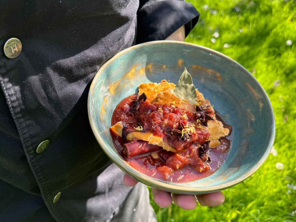 Plate of homemade plum cake by the castle chef