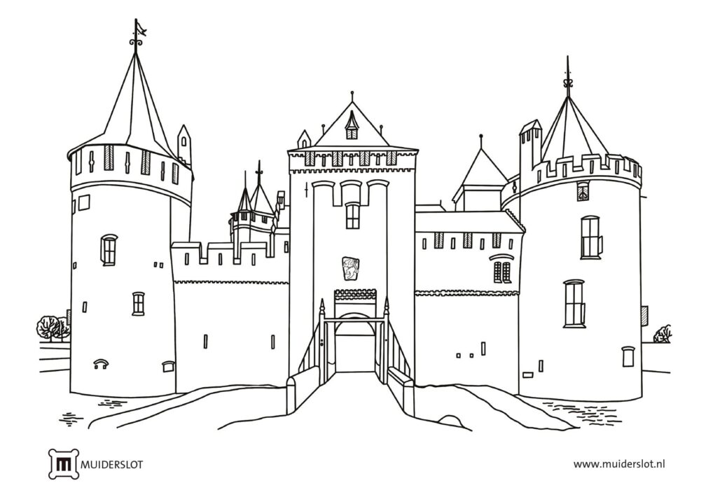 Een kleurplaat van het kasteel Muiderslot.