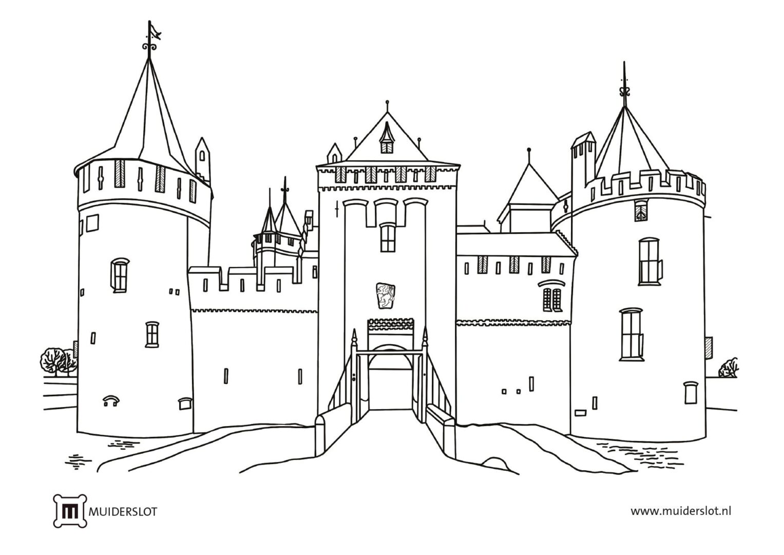 Een kleurplaat van het kasteel Muiderslot.