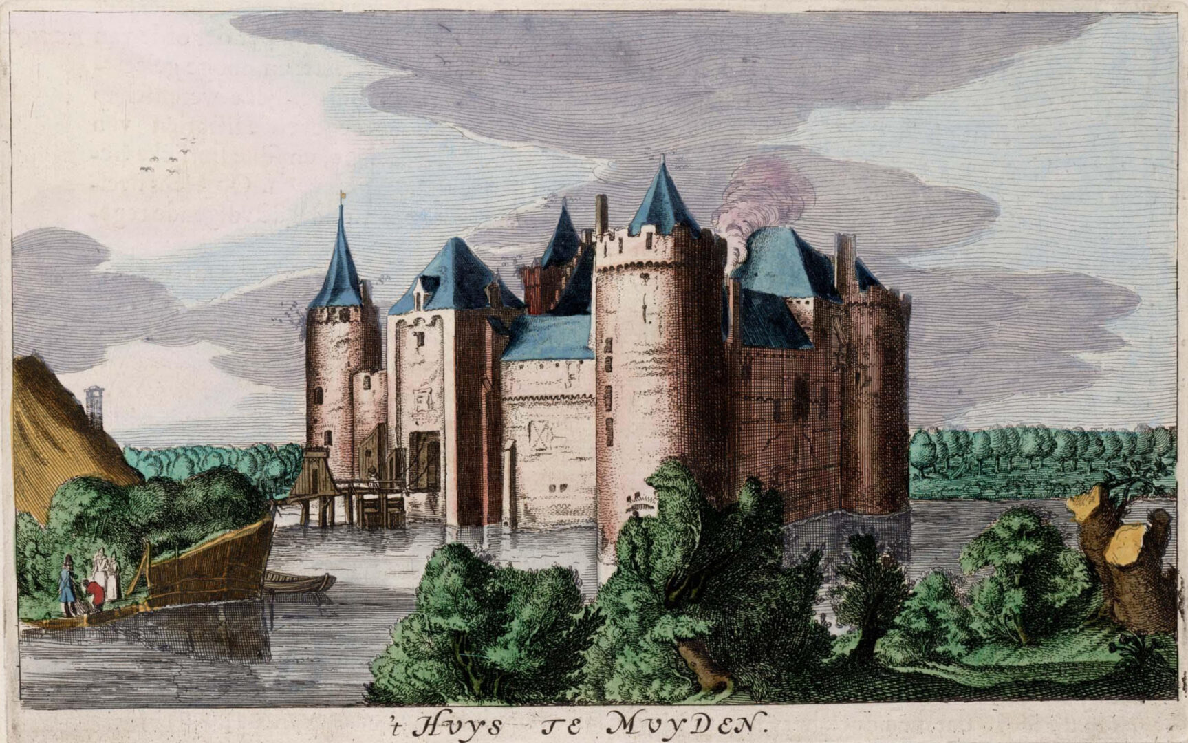 Historische prent van het Muiderslot als 't Huys te Muiden, 1649