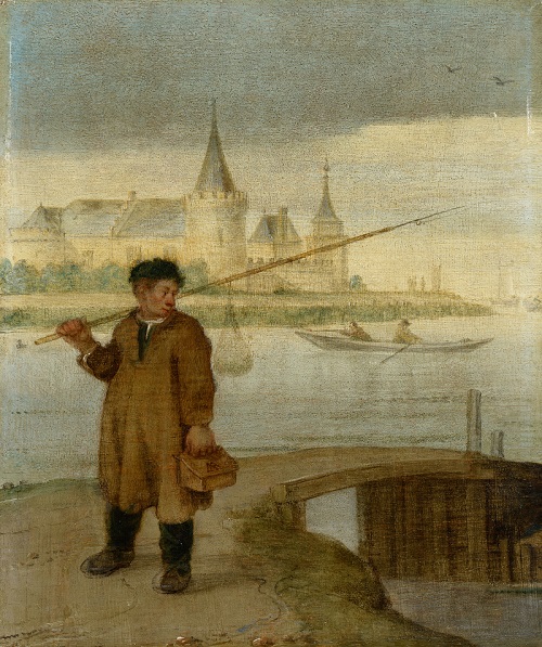 17de eeuws schilderij. Een visser staat met een hengel en viskorf bij een brug. Achter hem zitten nog twee vissers in een bootje op het water. Op de achtergrond is het Muiderslot te zien.