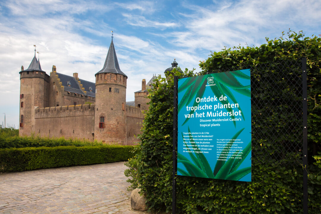 Foto van aankondigingsposter van de presentatie Tropische planten met het kasteel op de achtergrond
