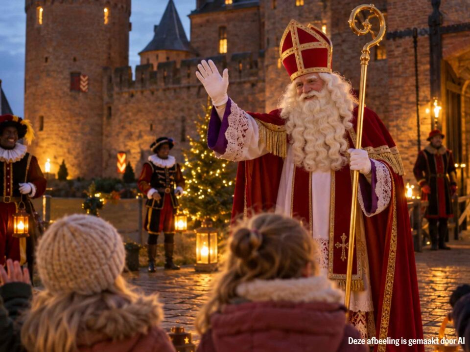 Sinterklaas zwaait kinderen uit met het kasteel op de achtergrond